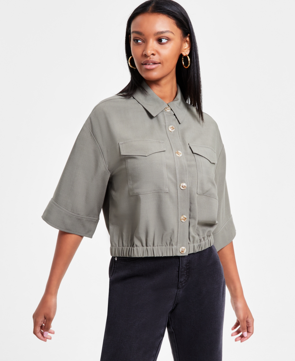 BAR III WOMEN'S 3/4-SLEEVE BUTTON-FRONT CROP BLOUSE, EXCLUSIVELY AT MACY'S 
