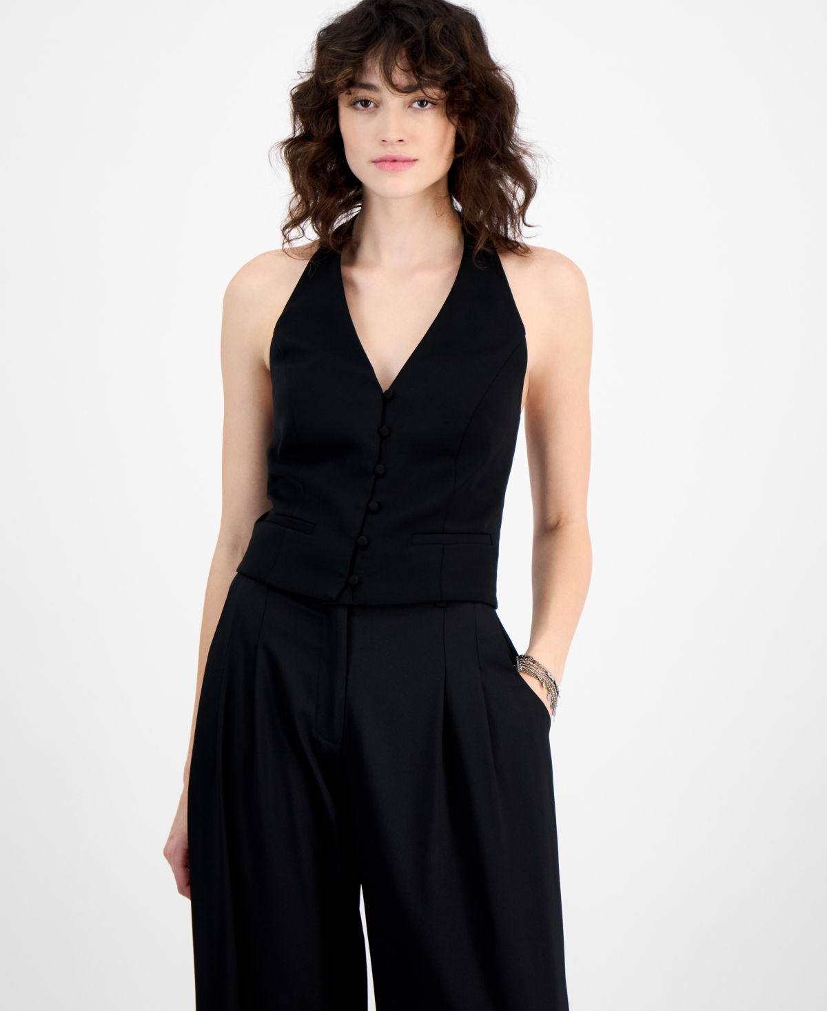BAR III WOMEN'S HALTER BUTTON-FRONT VEST TOP, EXCLUSIVELY AT MACY'S 