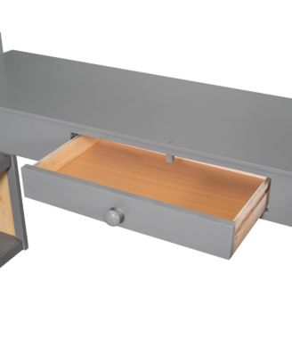 Full Size Loft Bed with Ladder, Shelves, and Desk, Gray