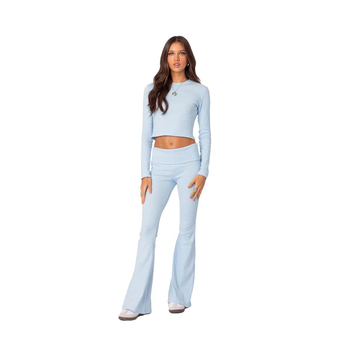 Edikted Women's Coffee Break Ribbed Flare Leggings - Light-blue