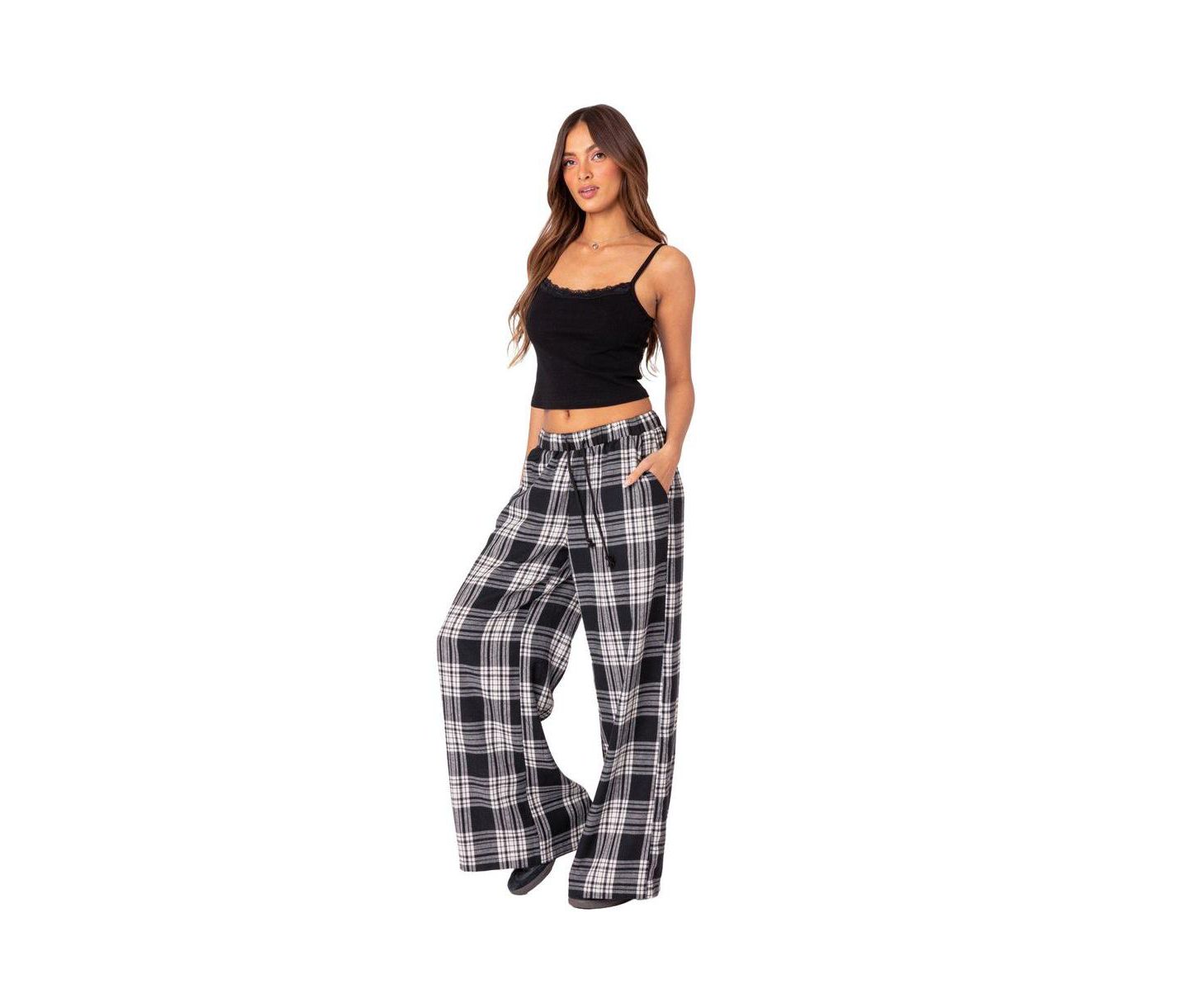 Женские брюки Edikted Lounge Around plaid wide leg, цвет: Чёрный белый — фото 4