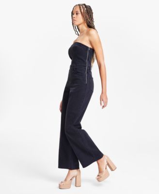 Women's Strapless Black-Wash Denim Jumpsuit