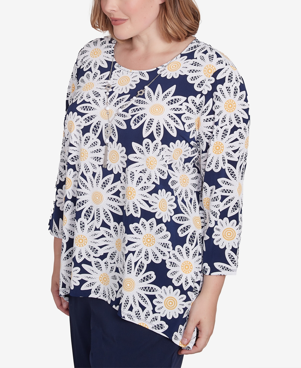 Alfred Dunner Plus Size Block Island Daisy Puff Print Top with Necklace