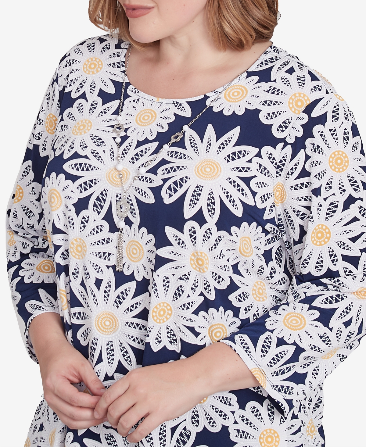 Alfred Dunner Plus Size Block Island Daisy Puff Print Top with Necklace