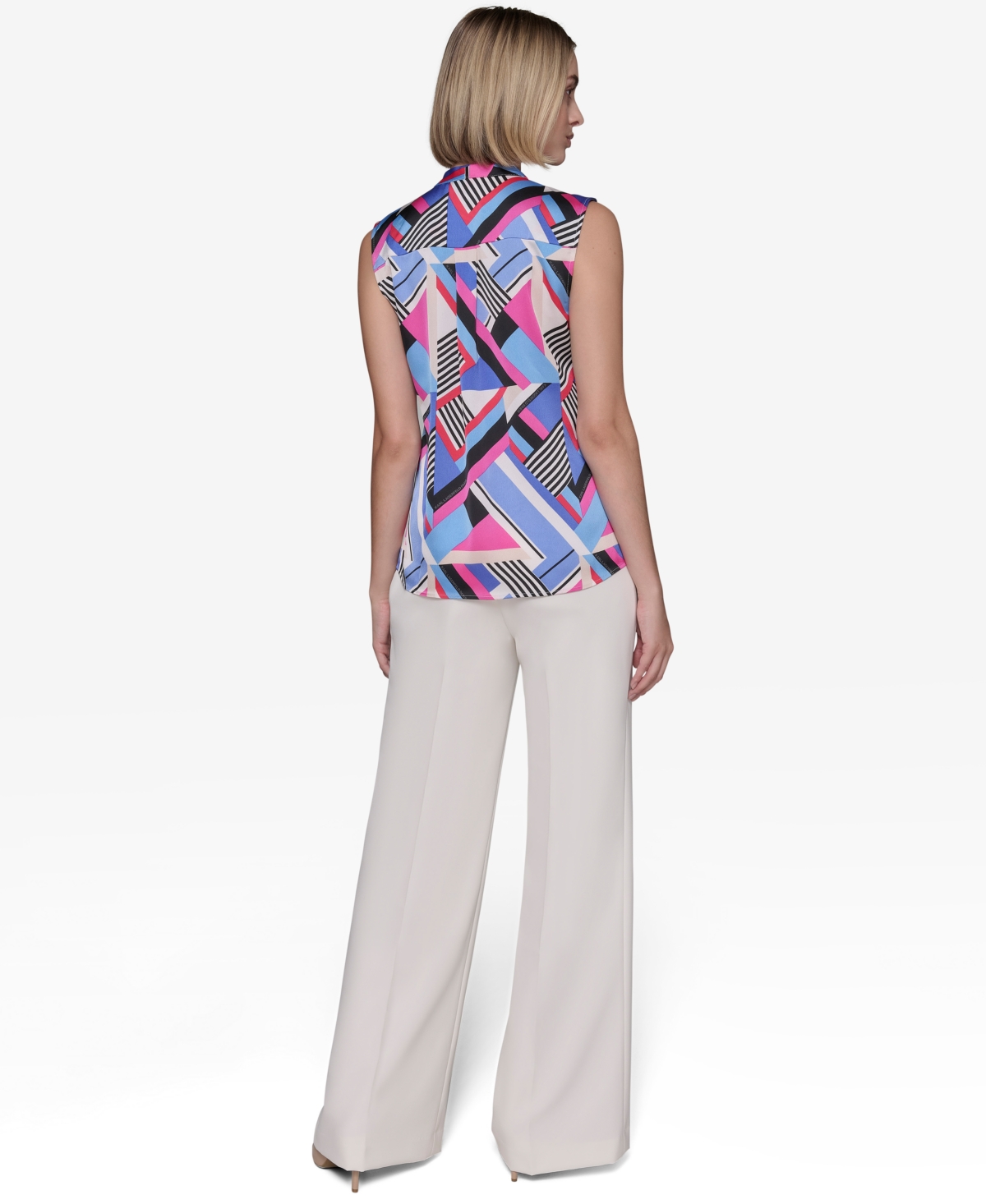 Karl Lagerfeld Paris Women's Crepe Geo-Print Tie-Neck Blouse -el