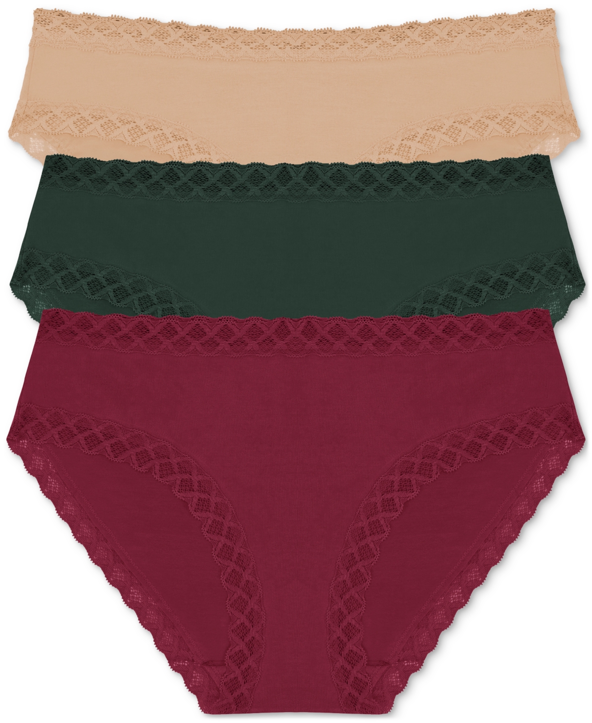 Natori Bliss Lace-Trim Cotton Brief Underwear 3-Pack  -dark Forest/cafe