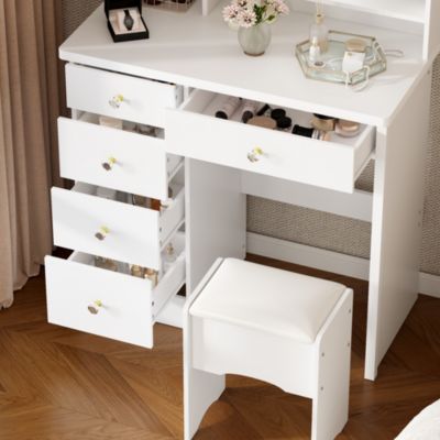 1 Pc Pink Wood 5-Drawer Vanity Set with Mirror, Stool & Storage Shelves – Dressing Table