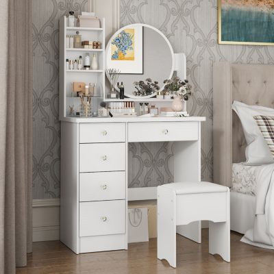 1 Pc Pink Wood 5-Drawer Vanity Set with Mirror, Stool & Storage Shelves – Dressing Table