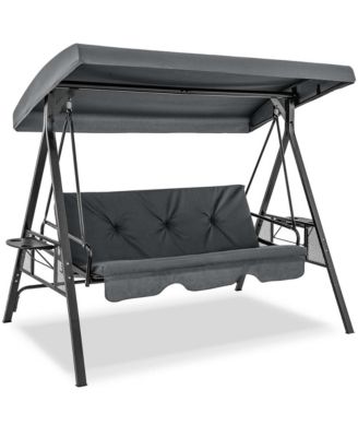 3-Seat Patio Porch Swing with Adjustable Canopy Soft Seat Back Cushions Side Tables