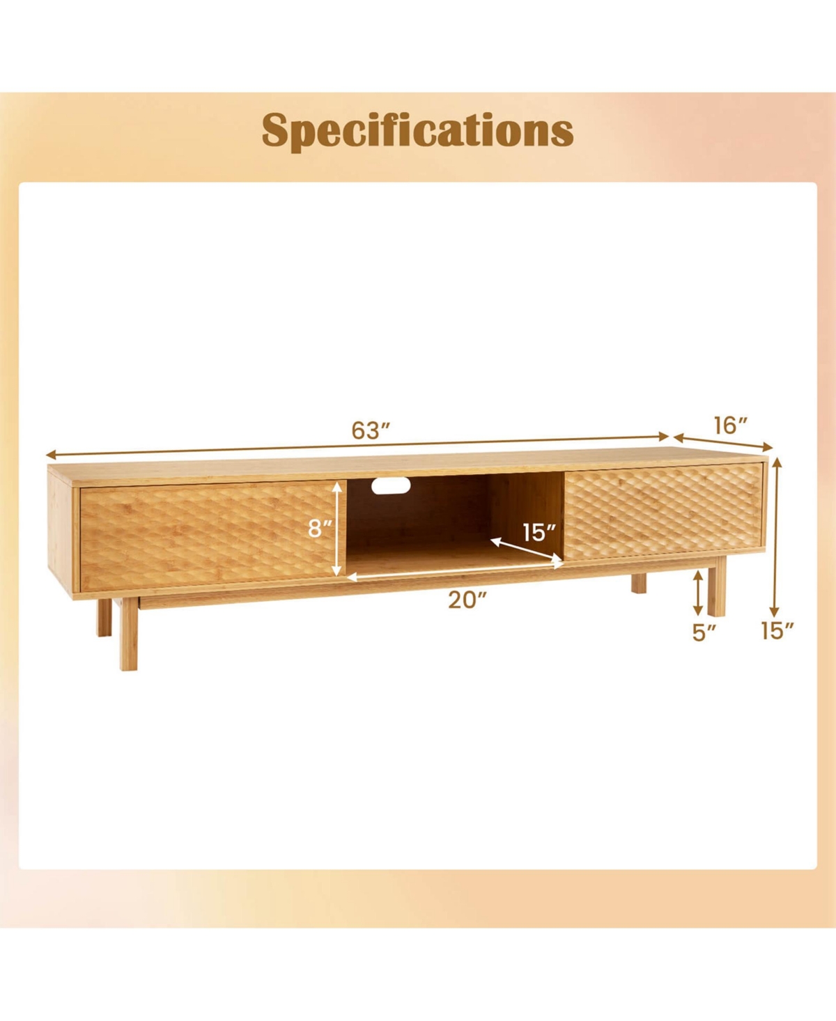Costway Bamboo Tv Stand with 3 Storage Cubes Sliding Doors Mid Century Storage Cabinet