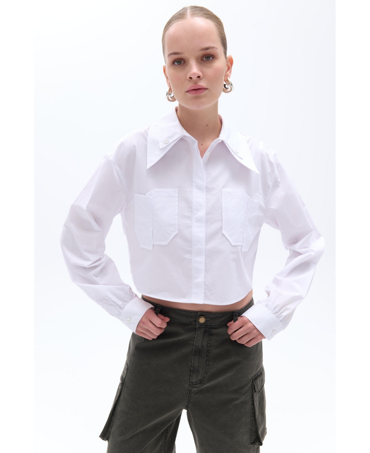 Women's Double Collar Cotton Button-Up Shirt - Blue