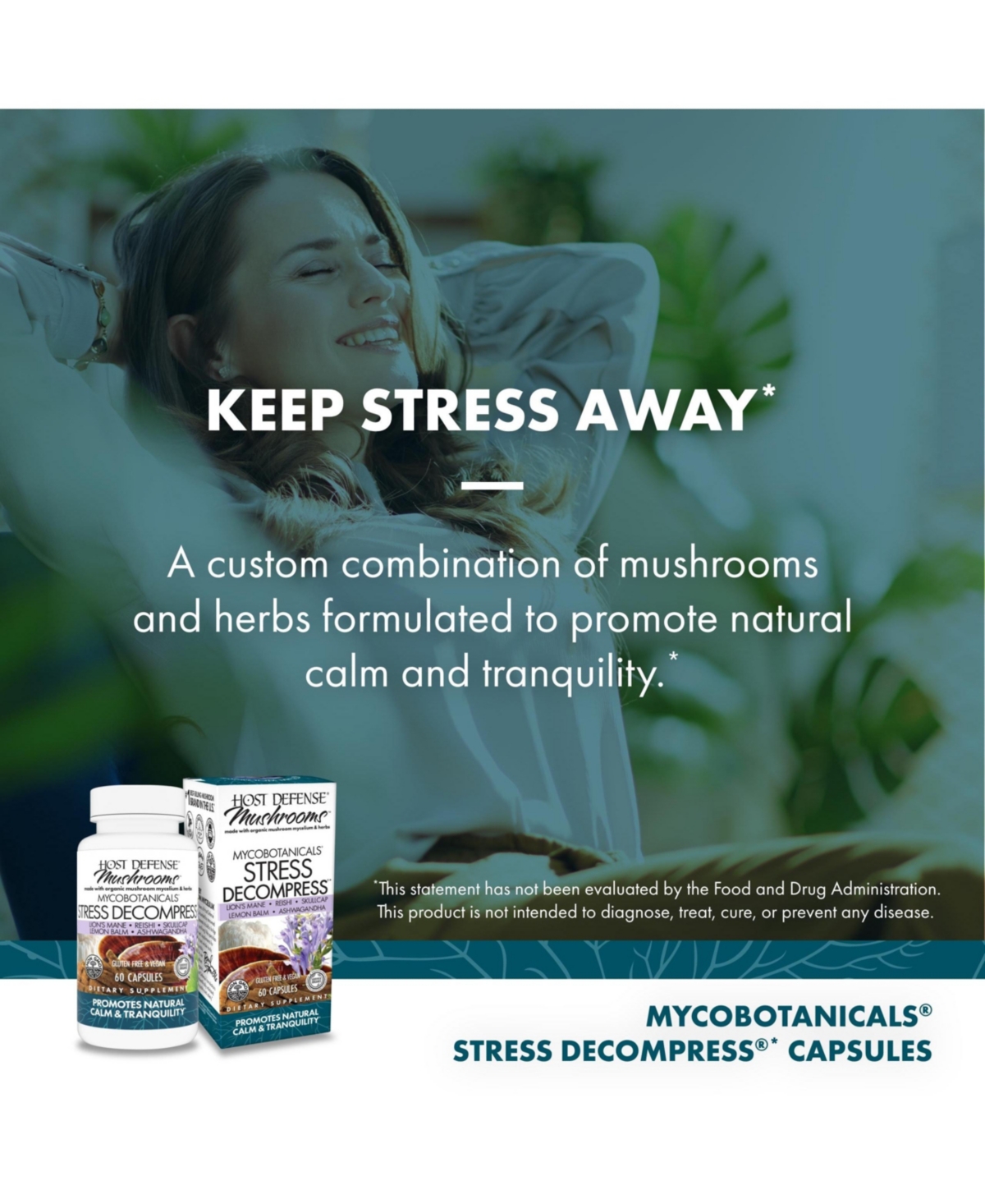 Host Defense MycoBotanicals Stress Decompress Capsules - Mushroom Supplement with Lemon Balm & Ashwagandha Root - Relaxation Capsules with Reishi, Lio