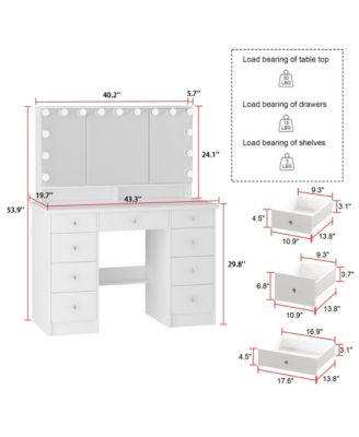  Modern Makeup Vanity Desk 9 Drawers Wood Dressing Table With 3 Mirrors, Hidden Storage Shelves, LED Bulb Lights