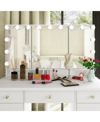  Modern Makeup Vanity Desk 9 Drawers Wood Dressing Table With 3 Mirrors, Hidden Storage Shelves, LED Bulb Lights
