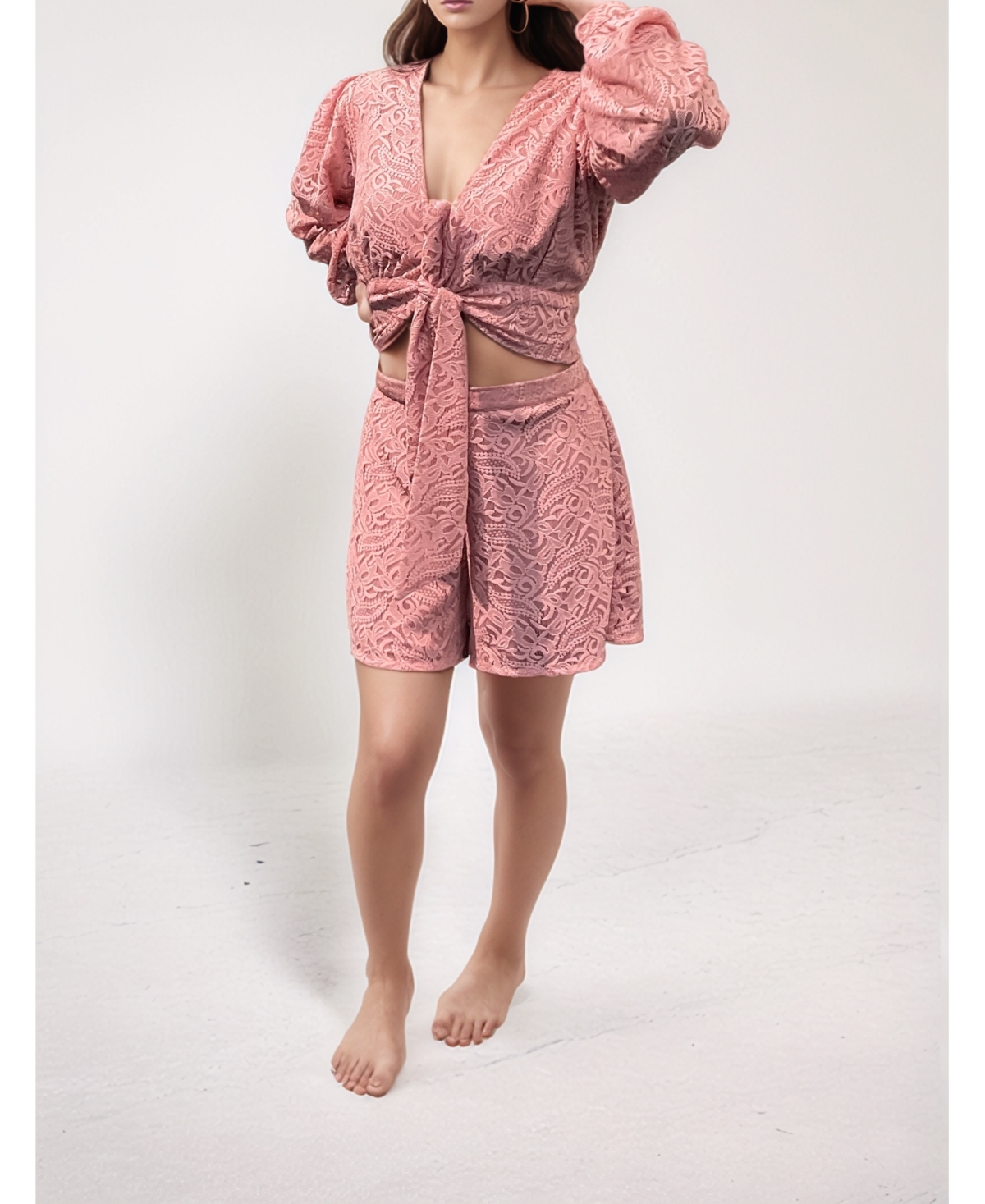 Creea the Label Women's Lace Tie-Front Top & Matching Shorts Co-Ord Set