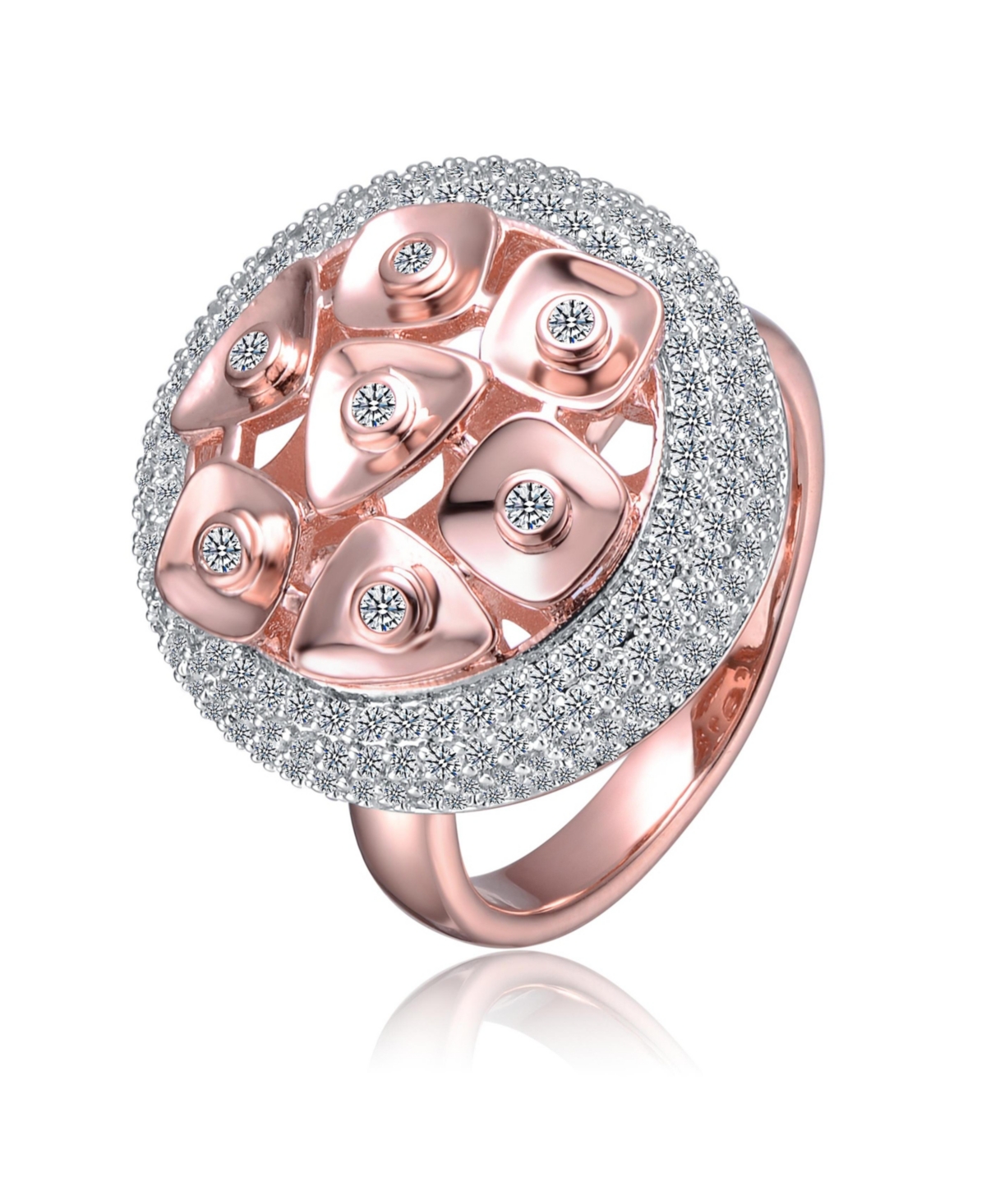 Sterling Silver Two-Tone with Clear Cubic Zirconia Cocktail Ring-White Gold Plated and 18k Rose Gold Plated - Rose