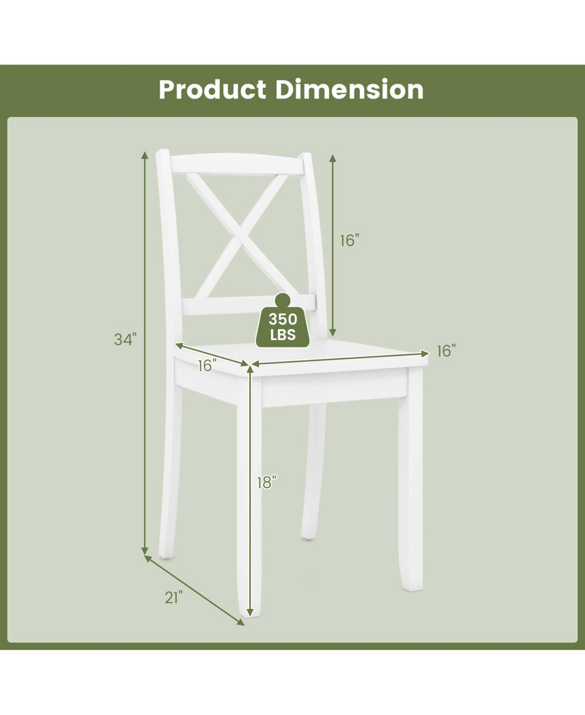 Costway Dining Chair Set of 2 Kitchen Side Chairs with Rubber Wood Legs & Cross Back