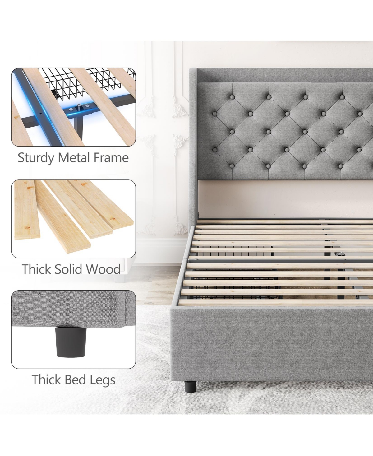 gaomon Upholstered Platform Bed With Storage Headboard, Charging Station, And 4 Drawers - Wood Slat Support, Easy Assembly - No Box Spring Needed - Gr