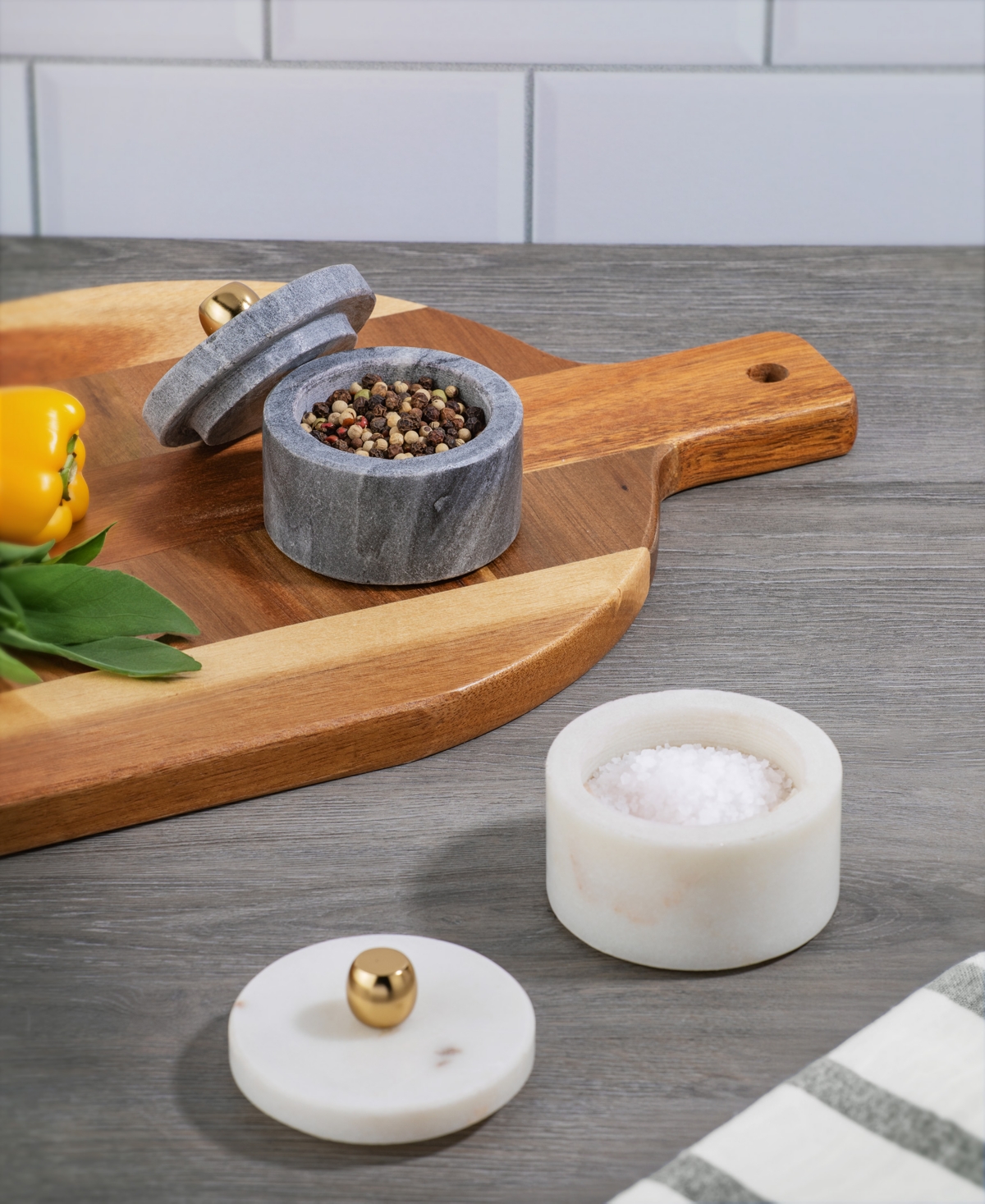 Thirstystone Uptown Marble Lidded Salt & Pepper Cellars In Black,white