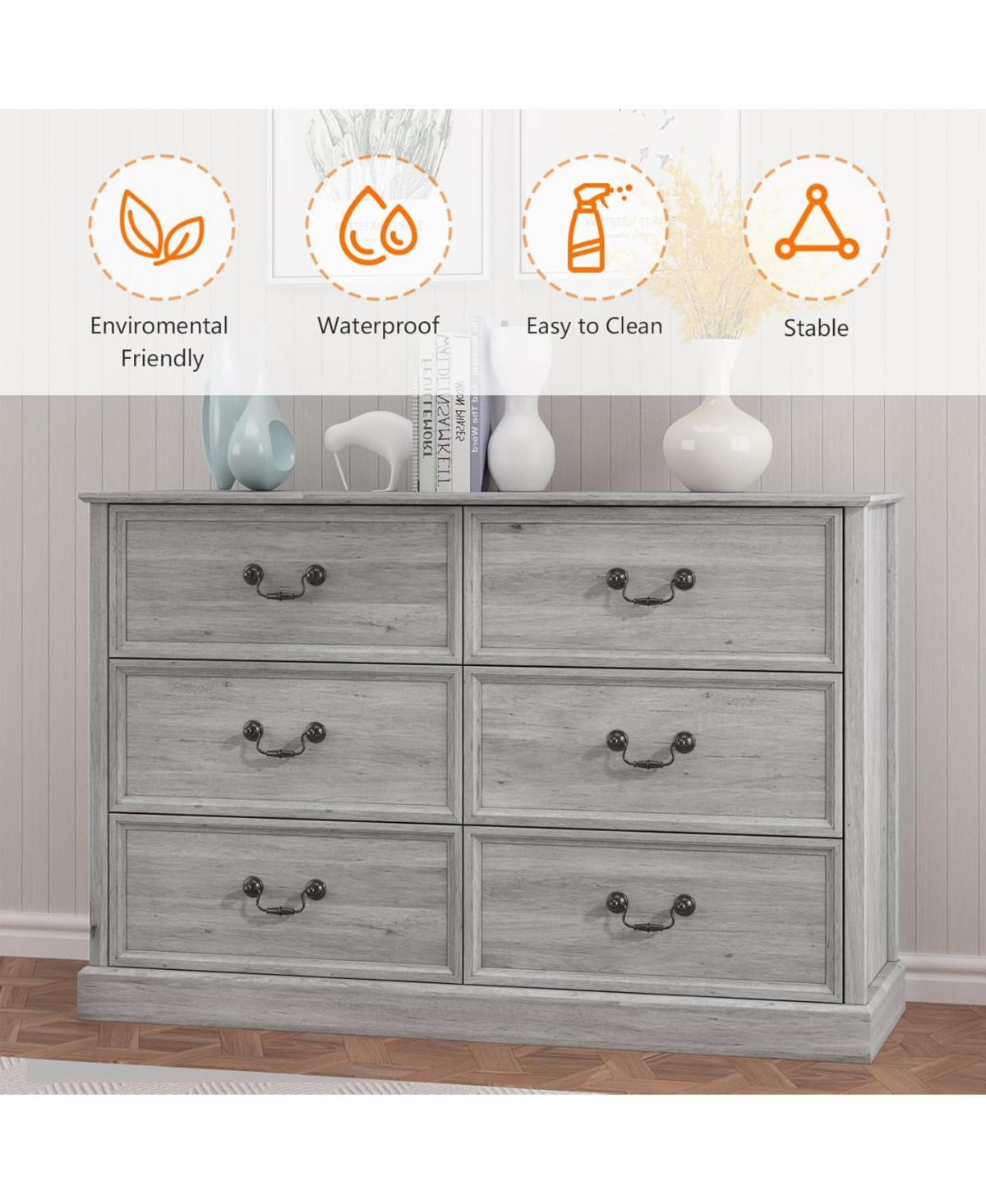 gaomon Modern Farmhouse 6-Drawer Double Dresser - Rustic Wood Storage Cabinet For Bedroom/Living Room