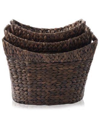 Set of 3 Oval Baskets with Handles - Espresso, Water Hyacinth Woven Storage Totes for Blankets, Laundry, Bathroom, Bedroom, Living Room