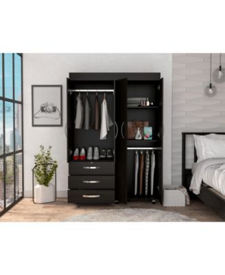 Hamilton Mobile Armoire, Double Door Cabinet, Three Drawers, Rods, Two Shelves, Black