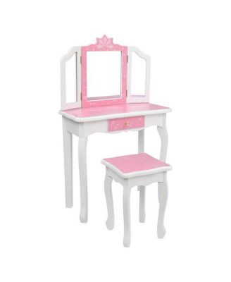 Children's Wooden Dressing Table with Three-Sided Folding Mirror, Chair, and Single Drawer in Blue Snowflake Style
