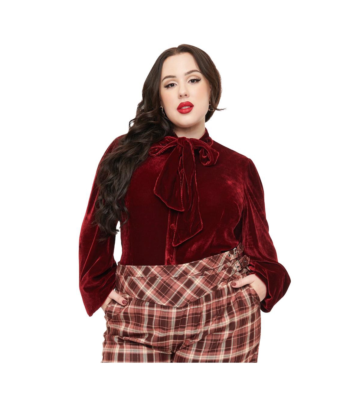 Unique Vintage Plus Size Velvet Long Sleeve Neck Tie Gwen Blouse