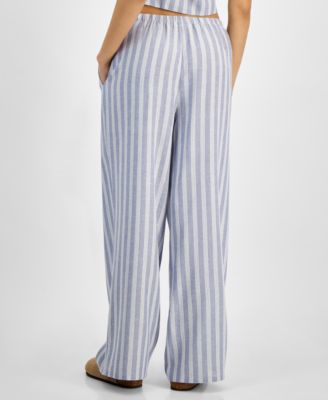 Juniors' Striped Wide-Leg Drawstring Linen-Blend Pants