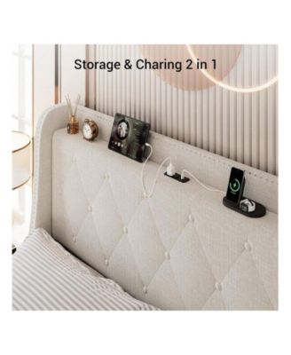 Upholstered Bed Frame with Headboard and 4 Storage Drawers - Platform Bed with Charging Station & Wingback Design, No Box Spring Needed, Noise-Free, Easy Assembly
