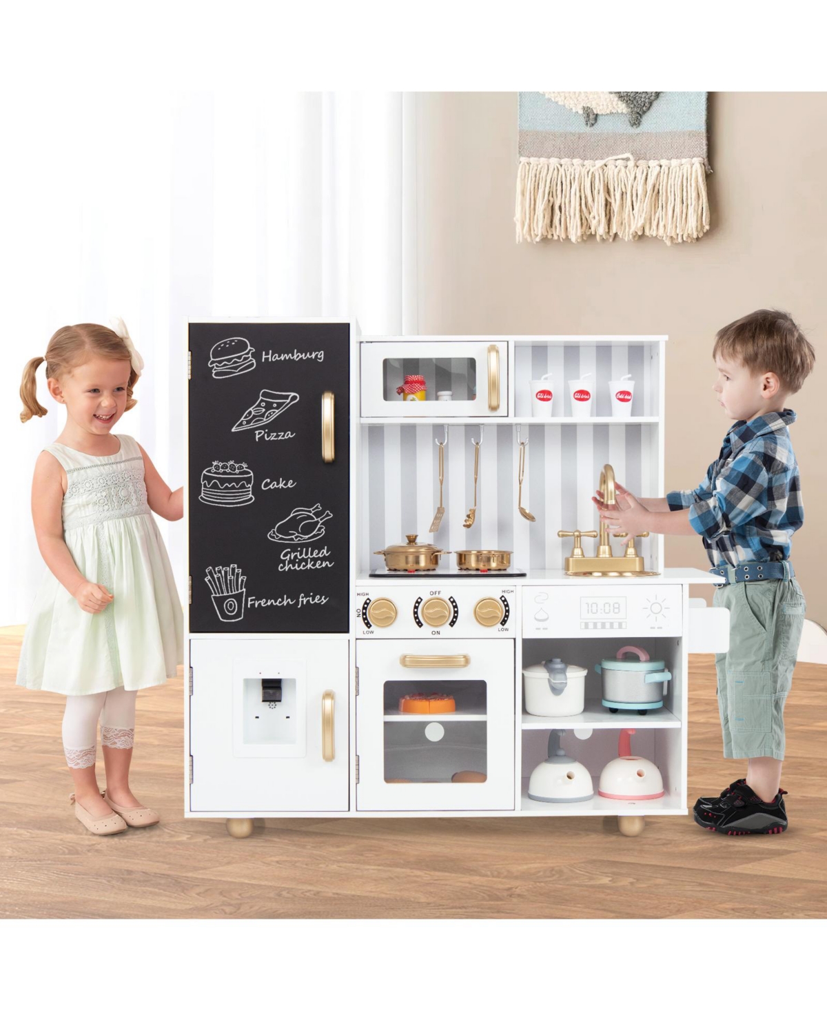 Hongge Pretend Play Kitchen for Kids with Real Sounds and Lights- White