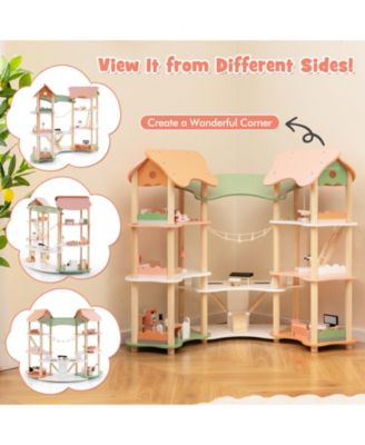 3-Tier Wooden Dollhouse for Kids Aged 3-8 with 32 Pieces of Accessories