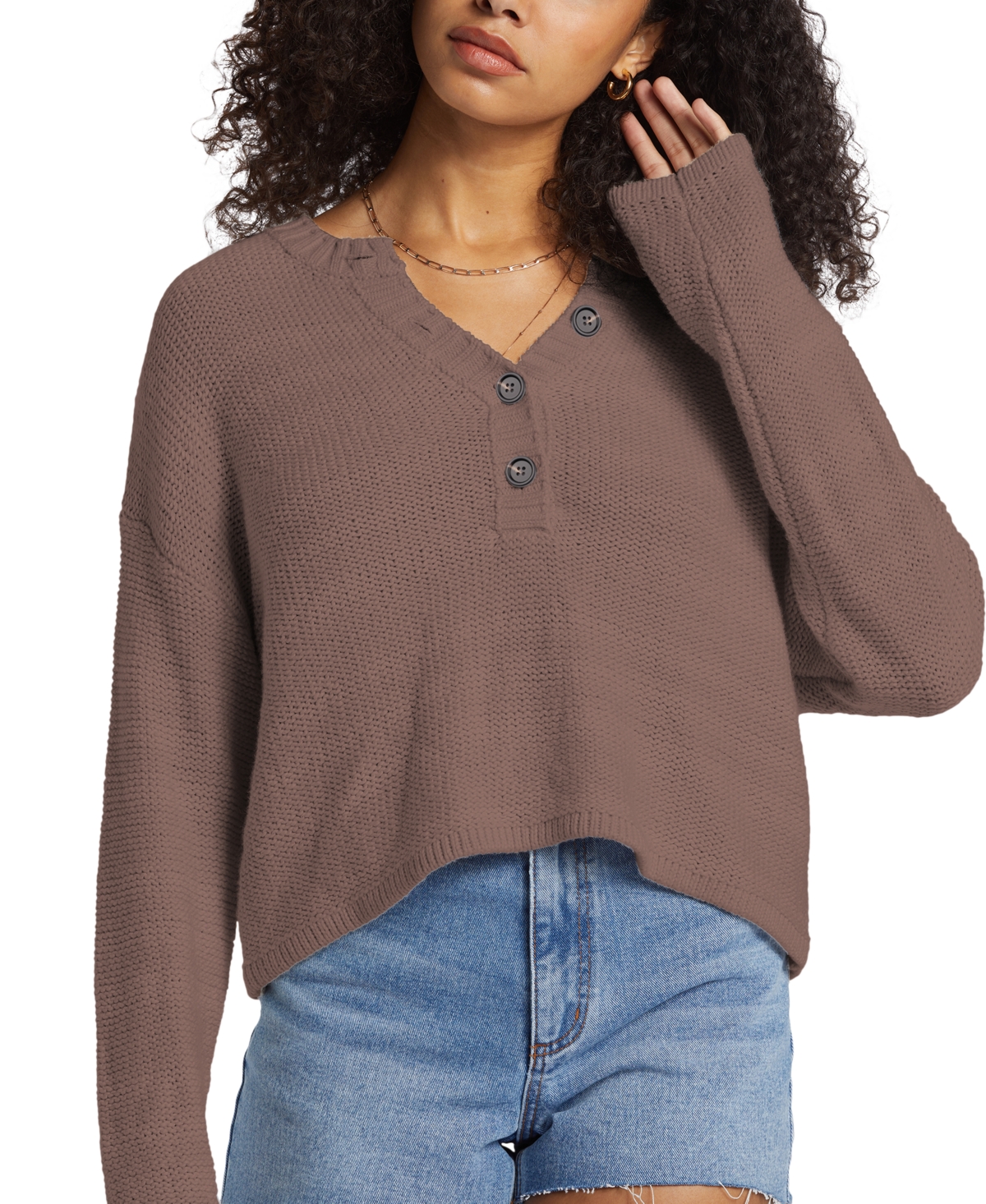 Shop Billabong Juniors' Shallow Waters Long-sleeve Henley Sweater Top In Kona