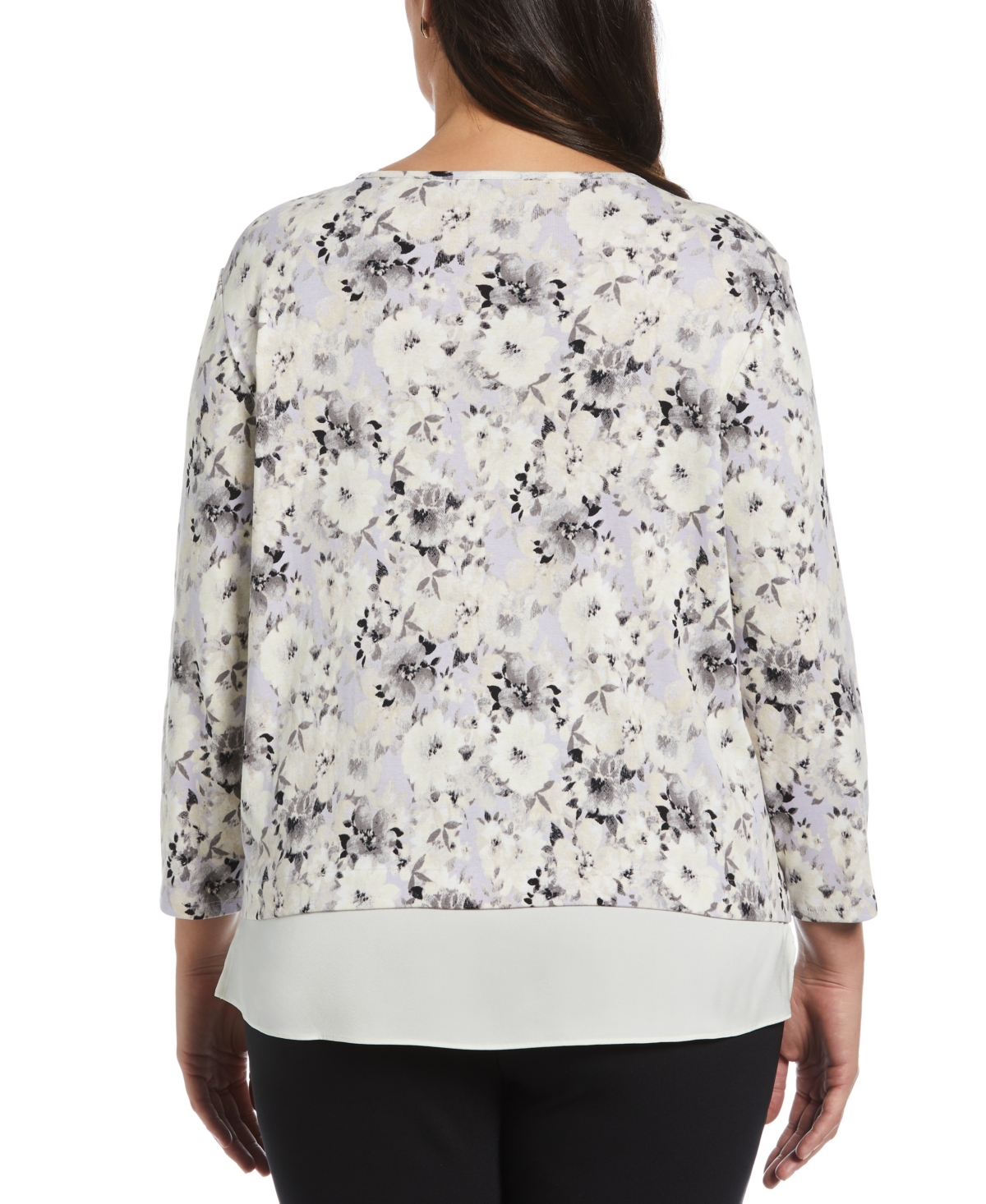 Rafaella Plus Size Floral Print Rivet Detail Layered 3/4 Sleeve Top