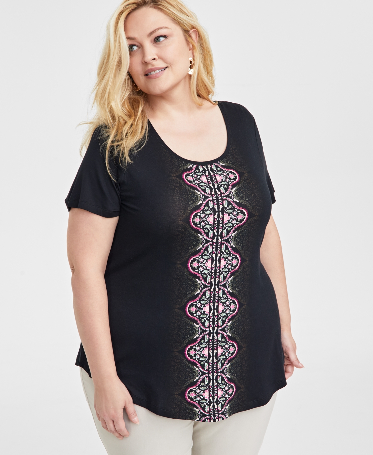 JM COLLECTION PLUS SIZE PRINTED SHORT SLEEVE TOP, EXCLUSIVELY AT MACY'S 