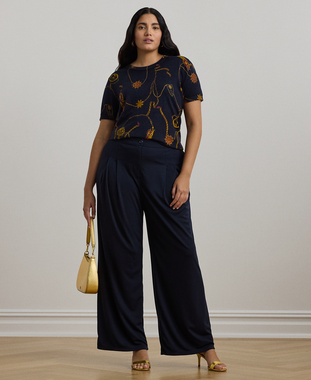 Shop Ralph Lauren Plus Size Stretch Jersey Wide-leg Pants In Lauren Navy