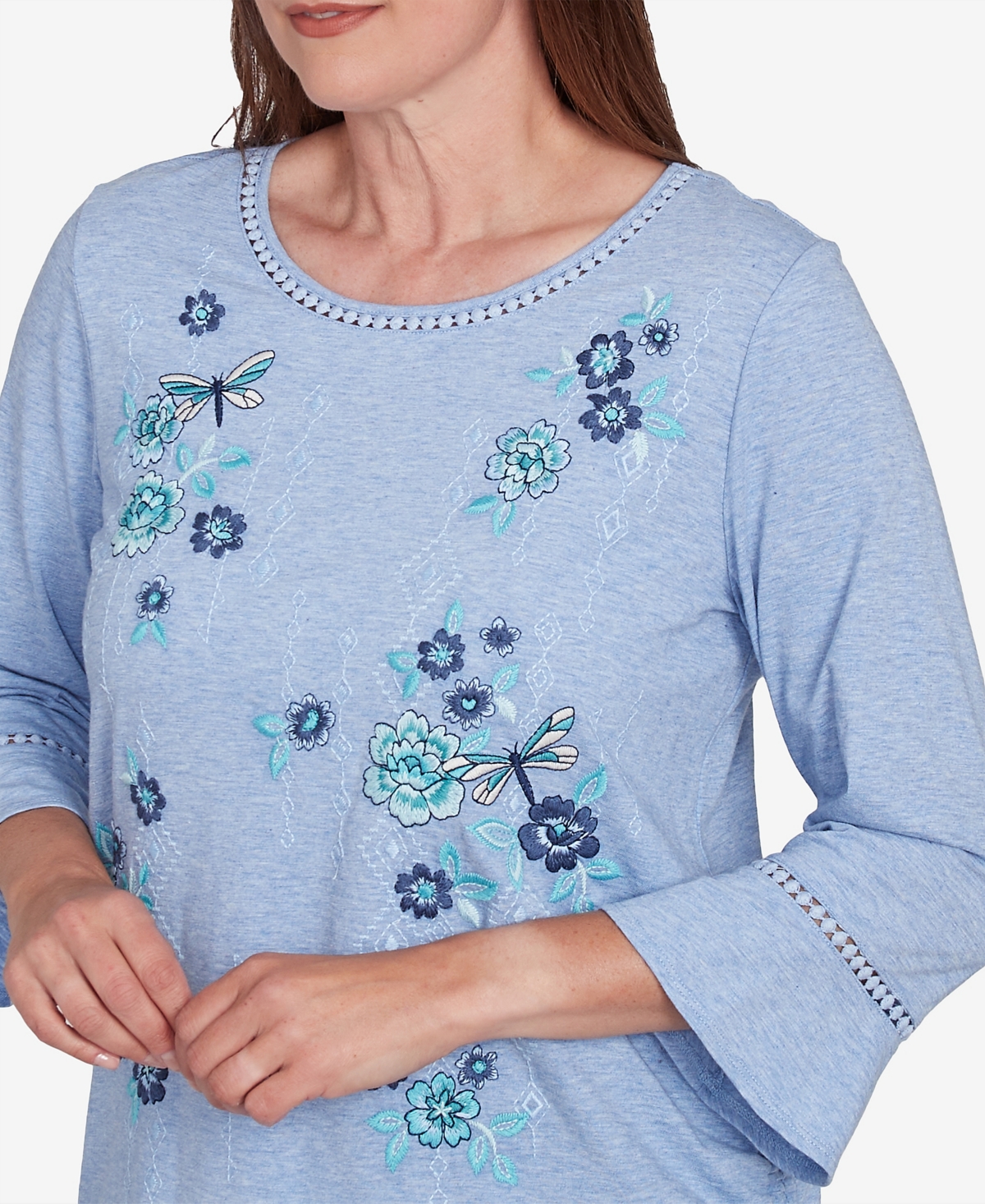 Alfred Dunner Women's Lake Victoria Flower Butterfly Embroidered Top In Chambray