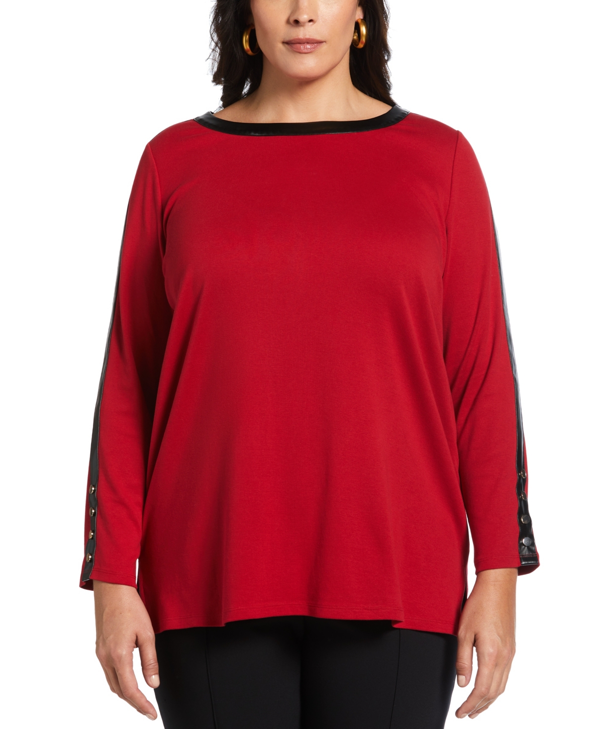 Plus Size Ribbed Faux Leather Trim Long Sleeve Tunic Top - Ruby