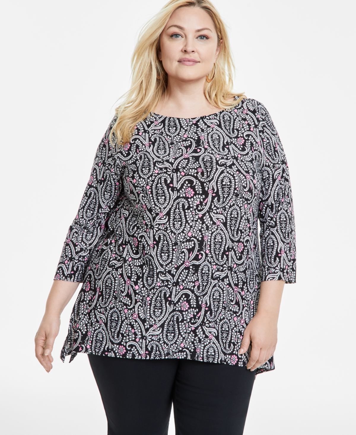 JM COLLECTION PLUS SIZE PRINTED JACQUARD SWING TOP, EXCLUSIVELY AT MACY'S 