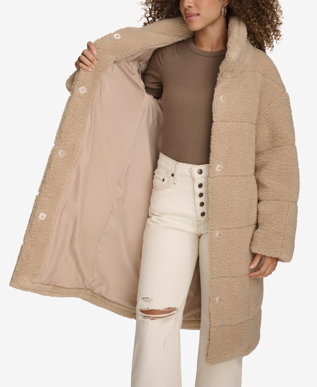 Levi's Women's Long Sherpa Snap-closure Teddy Coat In Sand
