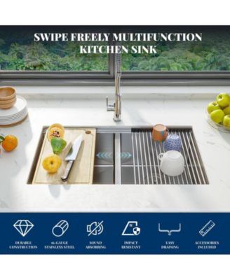 Kitchen Sink, 33 Inch Brushed Nickel Undermount Kitchen Bar Sink with Single-tier Track, Stainless Steel 16 Guage Double Bowl Kitchen Sinks, Family and Bar Sink with Full Accessories