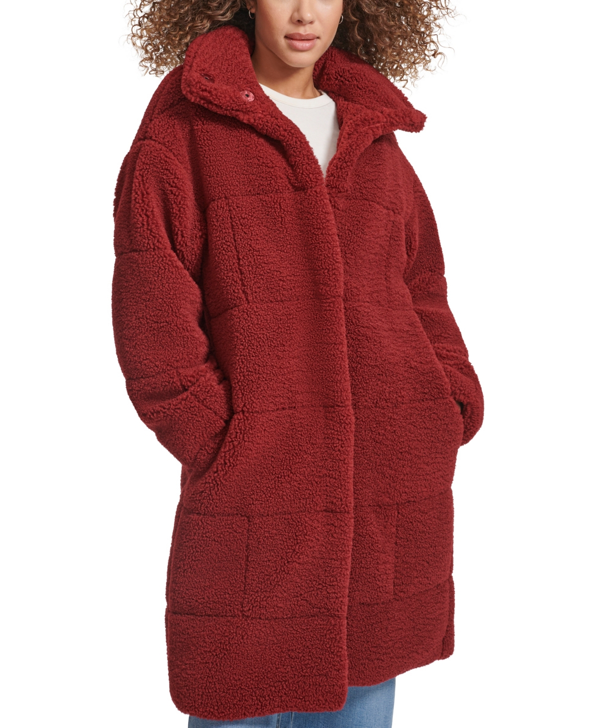 Levi's Quilted Fleece Long Teddy Coat In Cabernet