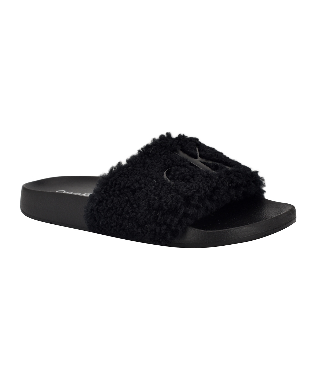 Calvin Klein Women's Amaya Fuzzy Slide Sandals In Black Shearling Logo