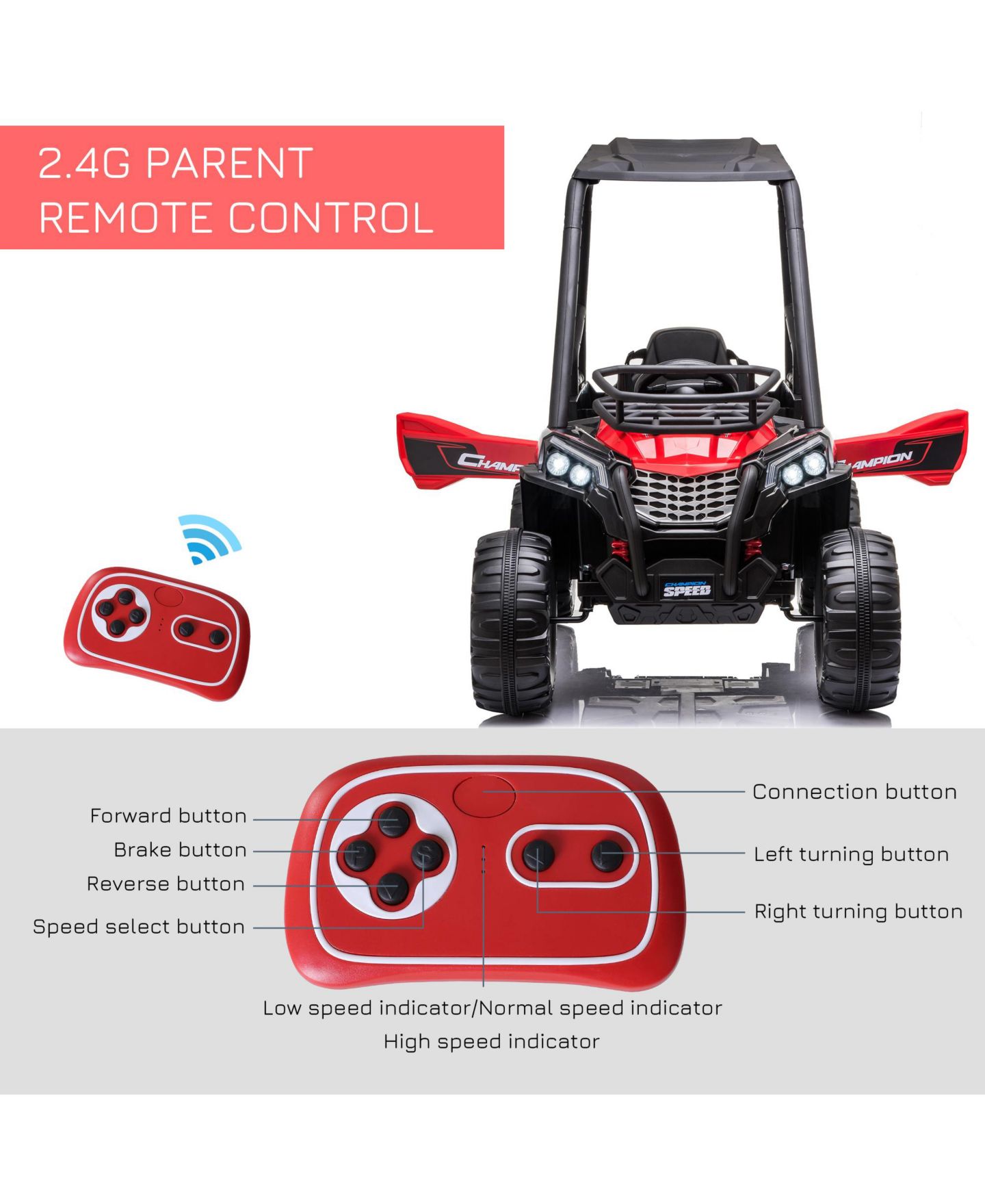 Детская игрушка Aosom 12V Kids UTV with Music, Lights & USB Ride-On Car, 1-Seat, Ages 3+, цвет: Красный — фото 2
