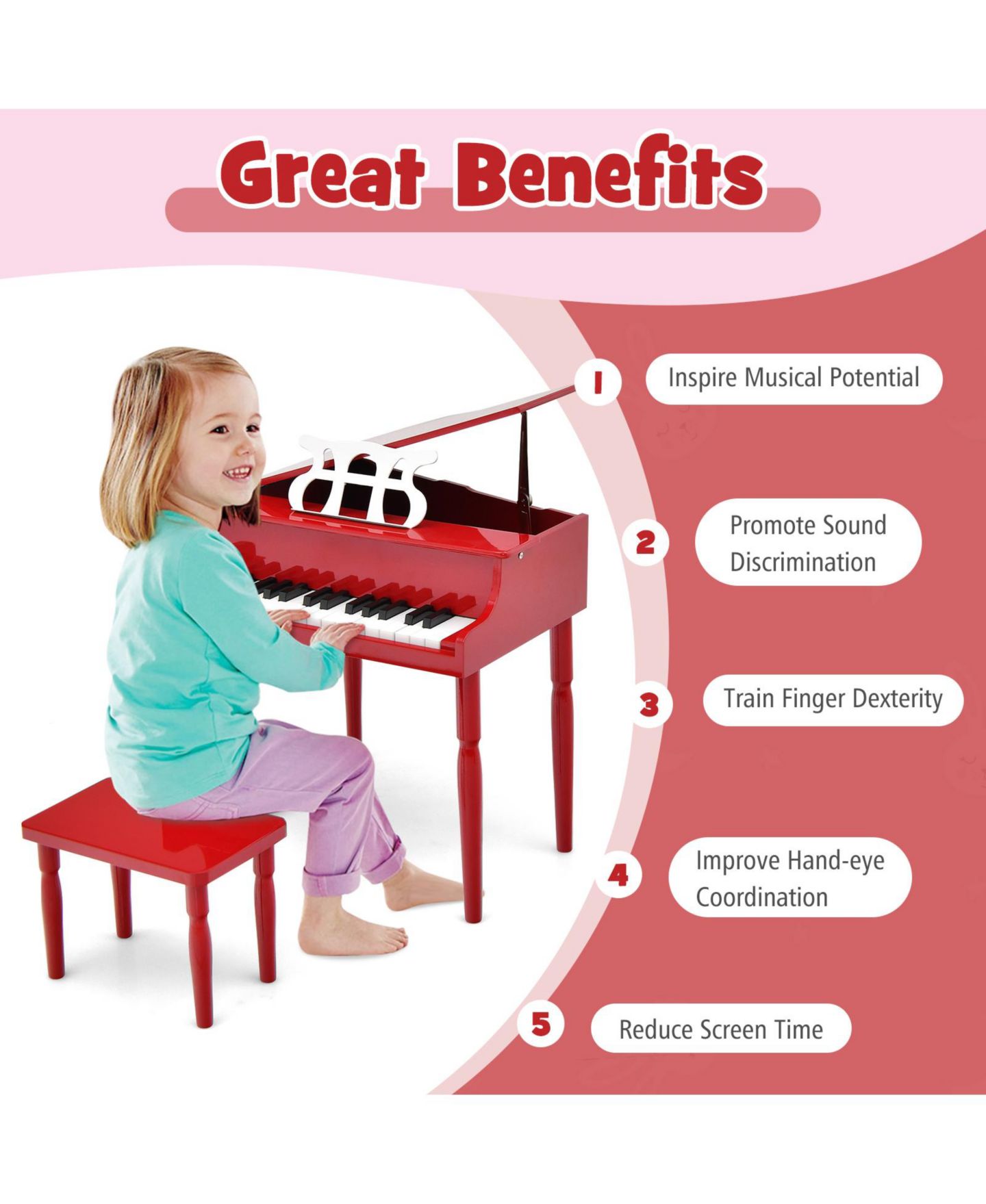 Детские игрушки HONGGE 30-Key Wood Toy Grand Piano, Music Practice, 3-Piece Grand Piano, Bench and Music Rack Set, Ages 3+ — фото 2