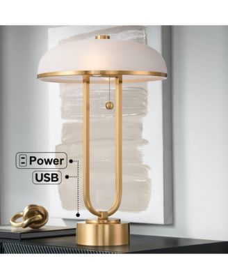 Ramses 25 1/2" High Modern Table Lamp USB Port AC Power Outlet Pull Chain Gold Metal White Alabaster Dome Shade Charging