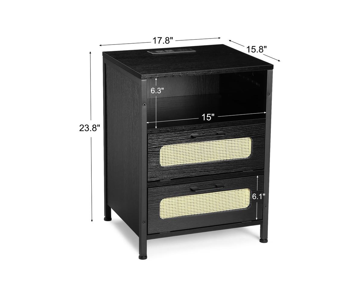 gaomon Modern Rattan Nightstand with Two Decorative Drawers, Boho End Table with Usb Charger Port, Storage Cabinet for Bedroom, Living Room, Office, D