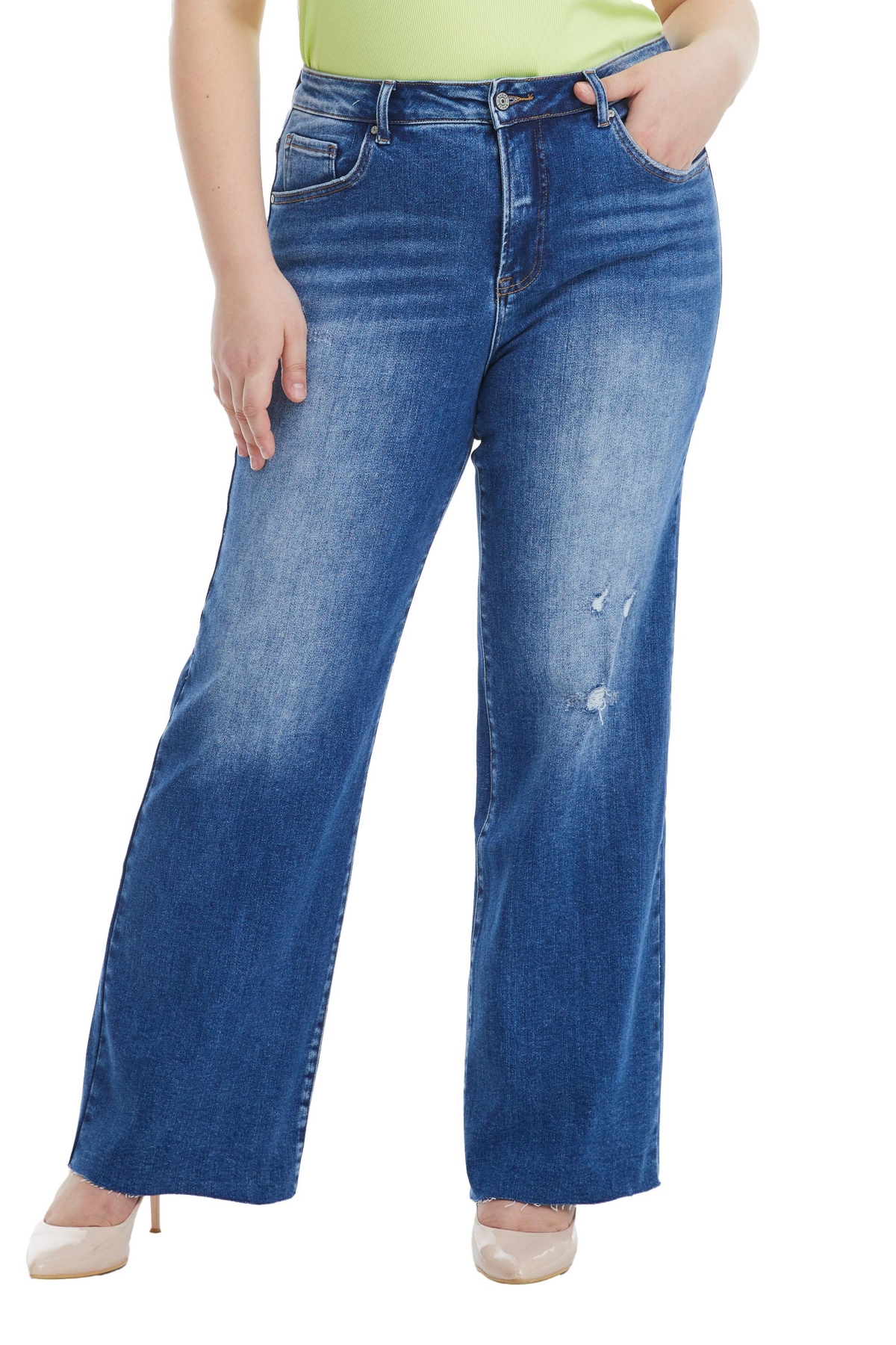 BAYEAS PLUS SIZE HIGH RISE WIDE LEG JEANS WITH RAW HEM 