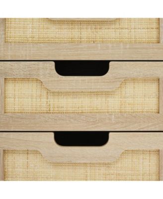 Rattan Nightstand, Black Nightstand with 3 Natural Rattan Drawers, Boho Mid Century Modern Bedside Table, Stylish End Table, and Functional Side Table Cabinet with Storage Drawers for Bedroom