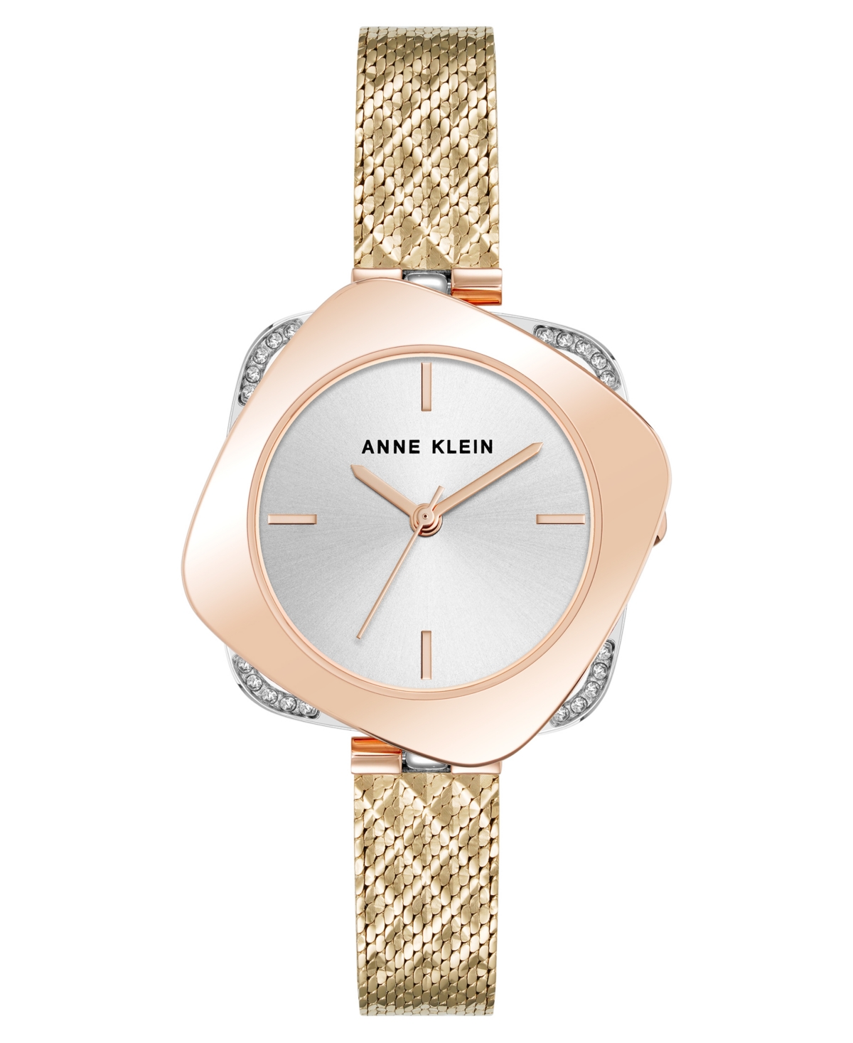 Anne Klein Women's Quartz Elegant Hidden Crystal Tri-tone Stainless Steel Mesh Band Watch, 28mm In Gold-tone,silver-tone,rose Gold-tone